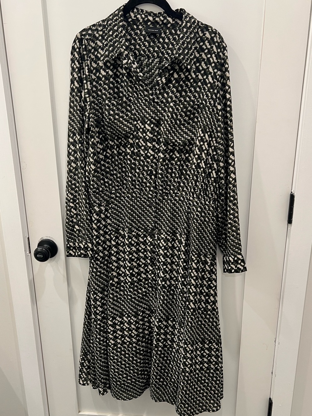 Women’s Black, Green & Cream Pattern Printed Long Sleeve Shirt Dress Size Large